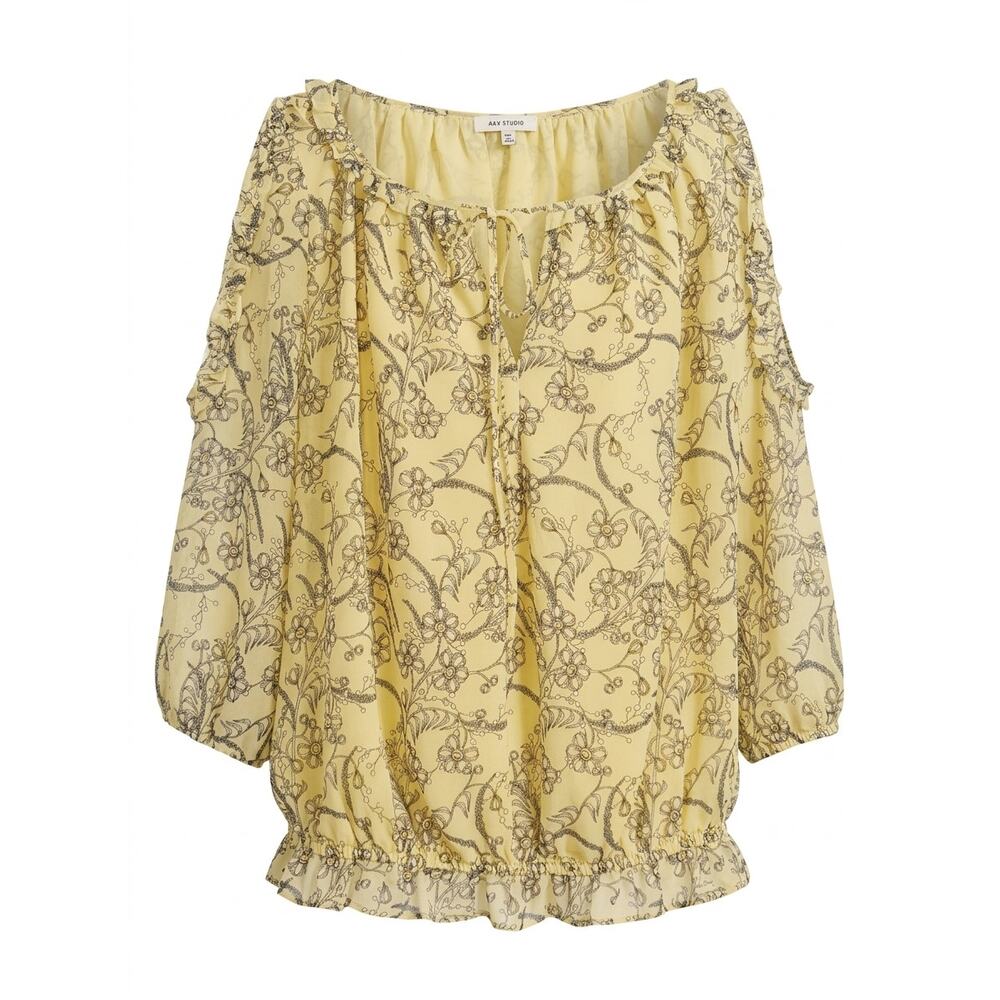 Max Studio Yellow Floral Ruffle Cold Shoulder Split Neck Blouse Top